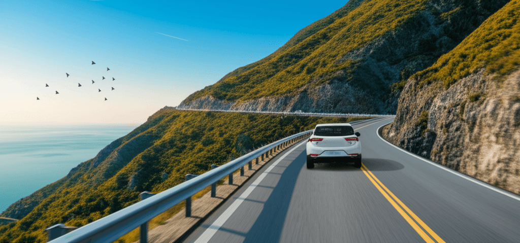 Voiture roulant vers la droite dans les cols de montagne avec le soleil