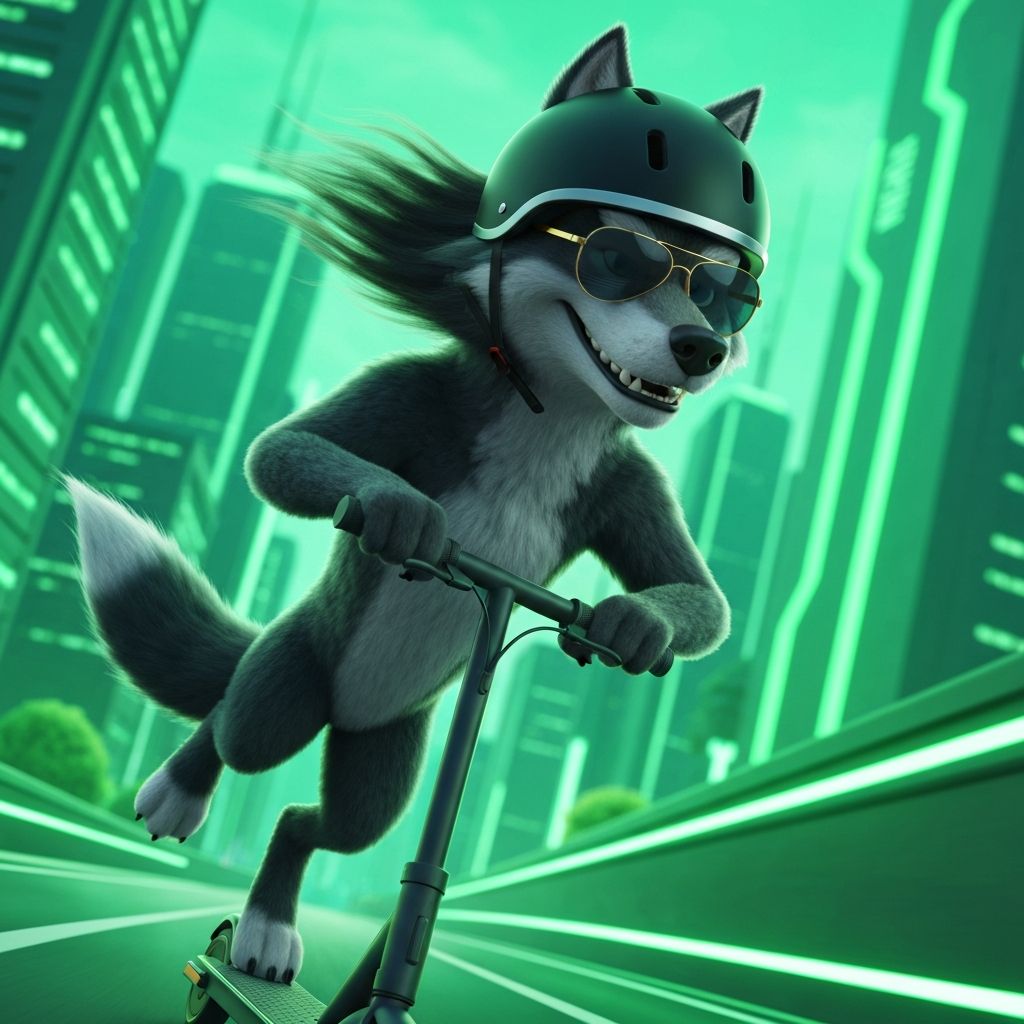 Alpha le loup sur sa trottinette électrique